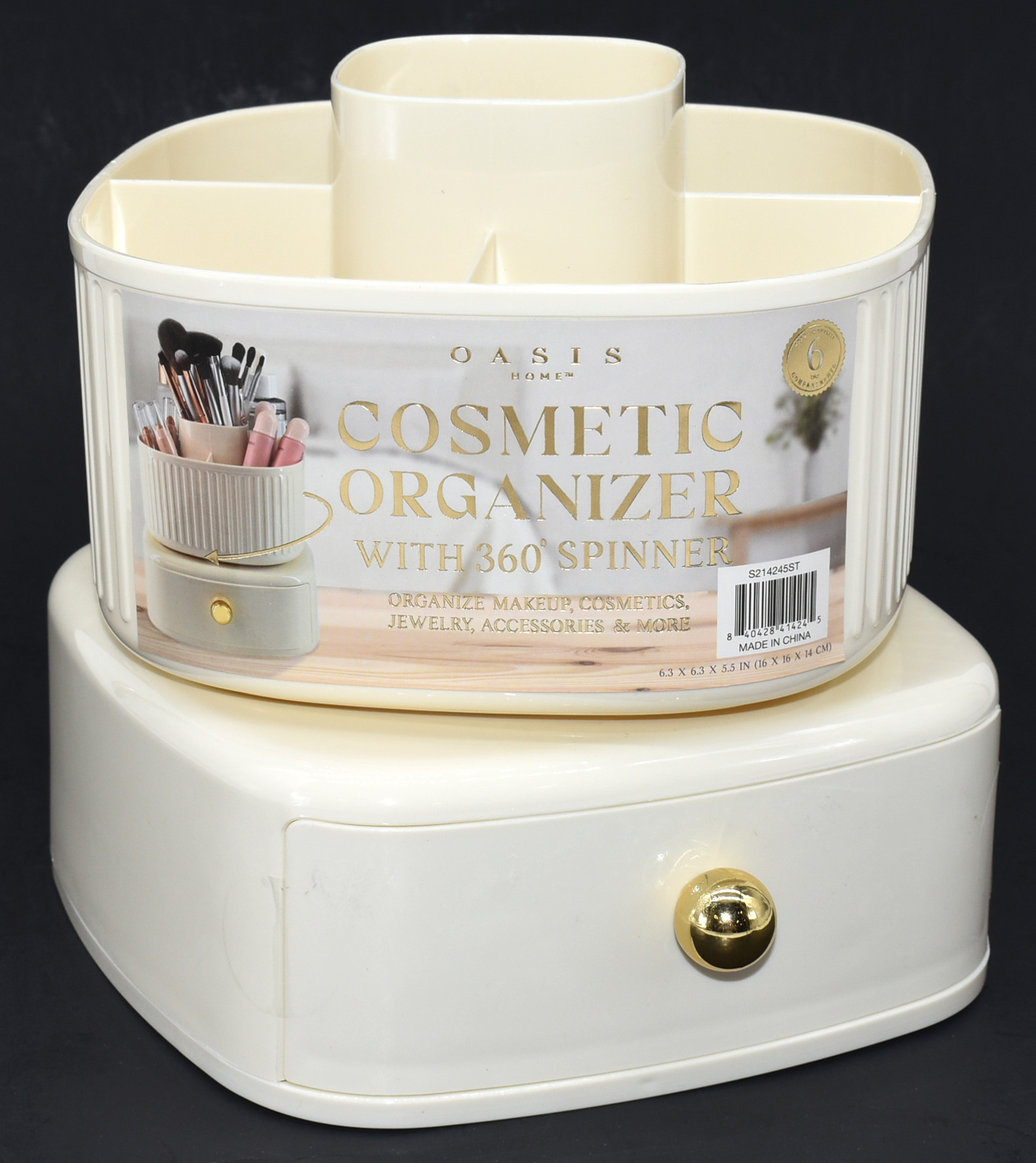 COSMETIC ORGANIZER,  SPINNER,  WITH DRAWER,  IVORY
