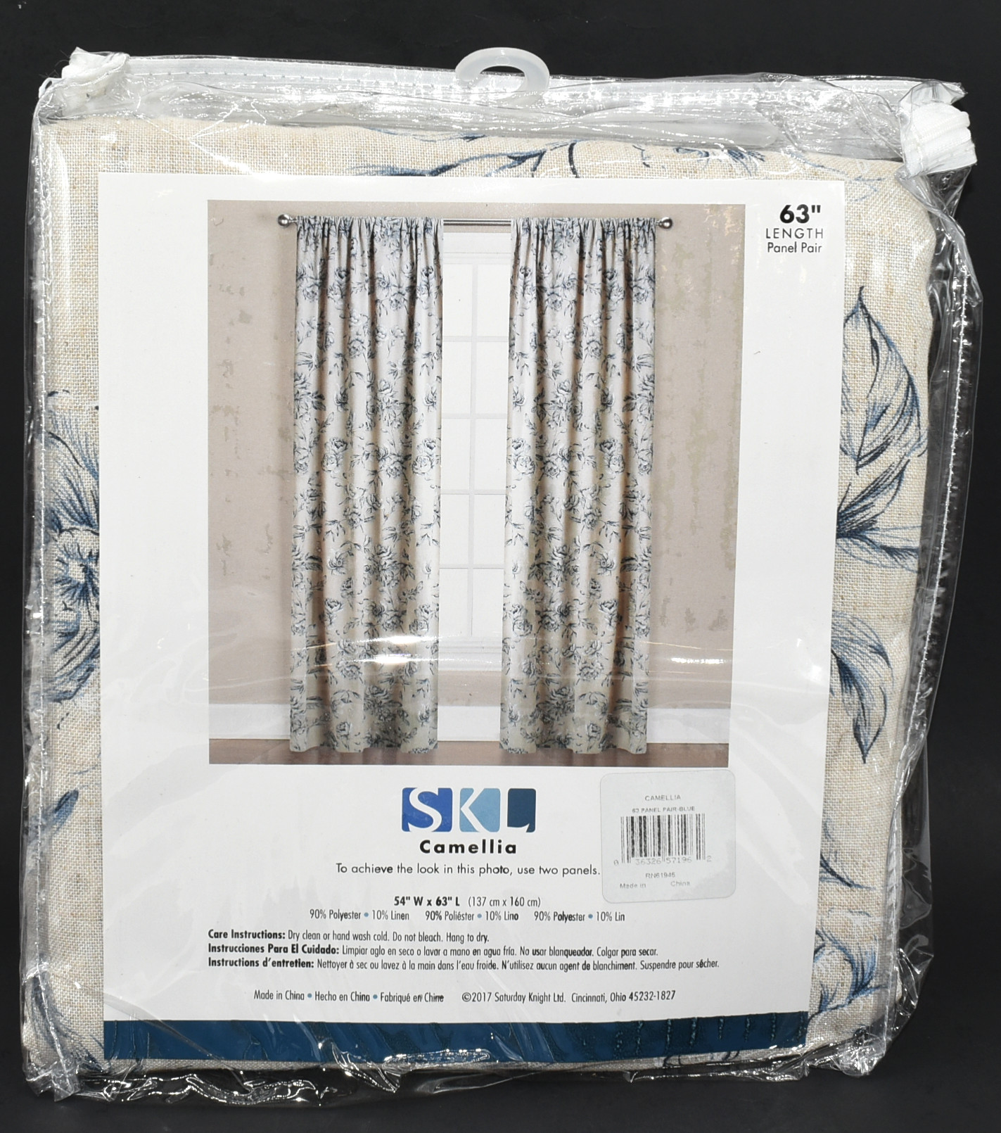CURTAINS,  PANEL PAIR,  54X63,  CAMELLIA,  BLUE FLORAL,  TAN