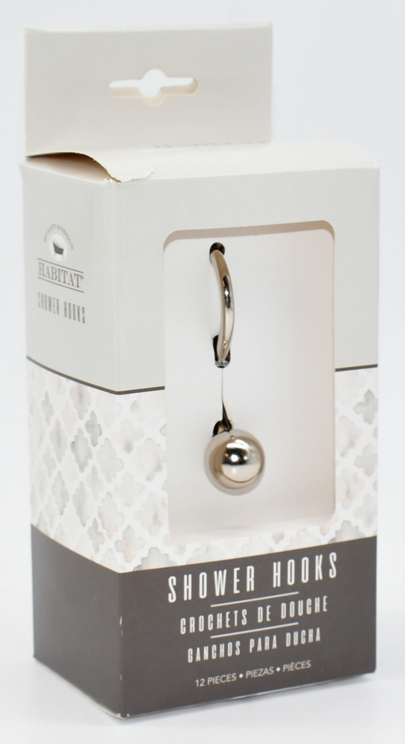 HOOKS, SHOWER CURTAIN, BALL, 12PK BRUSHED NICKEL