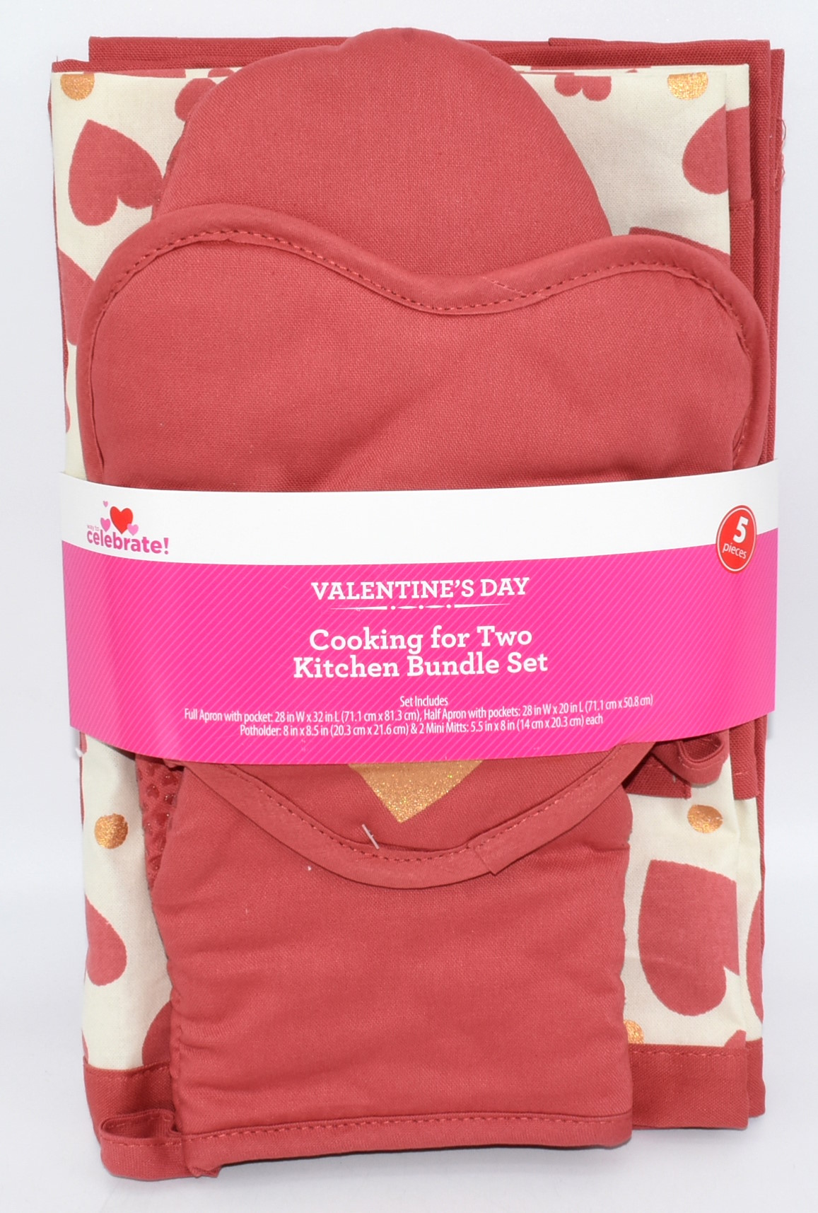 APRON SET,  3 PC,  APRON,  OVEN MITTS,  METALLIC HEARTS
