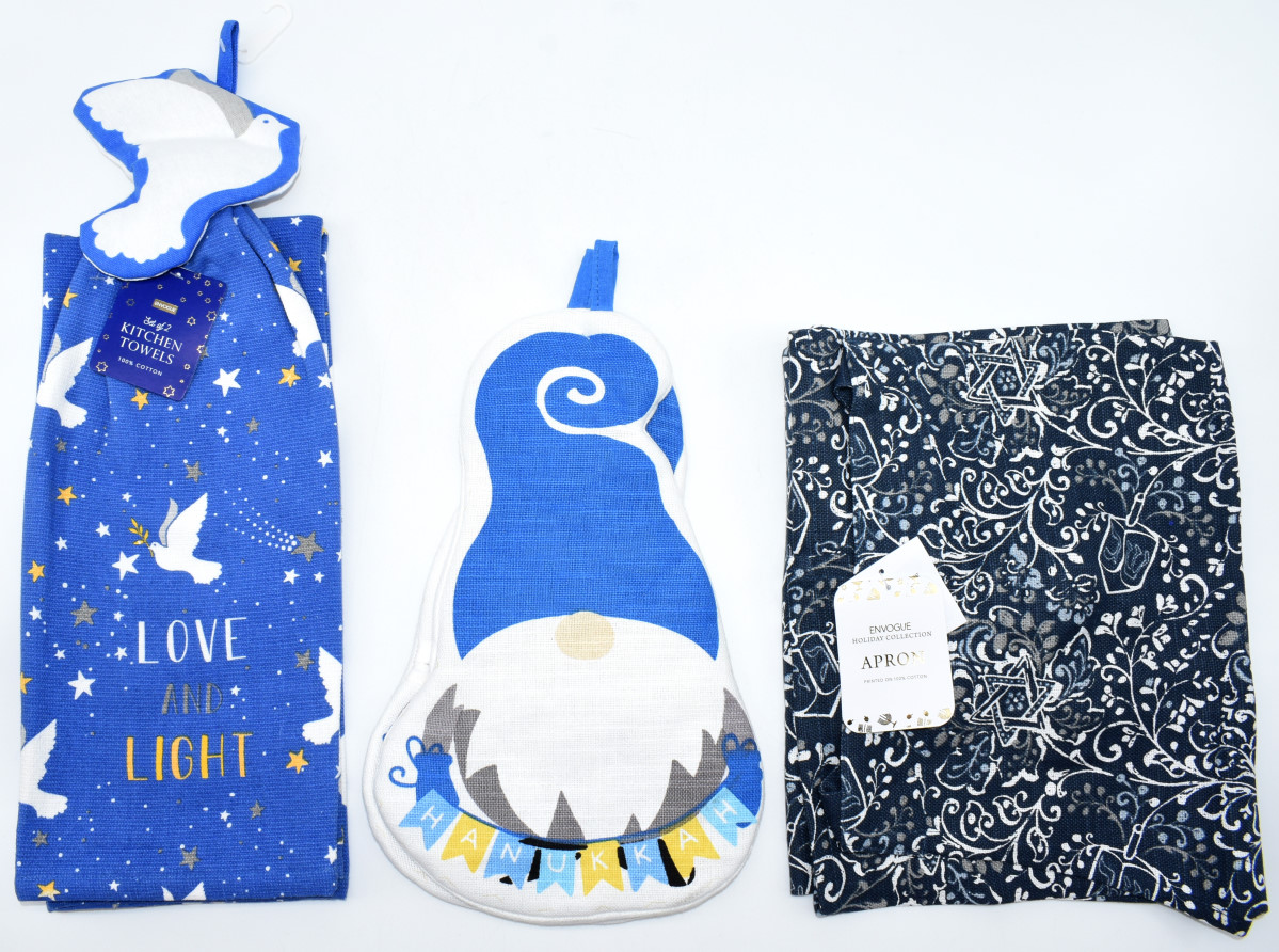 KITCHEN ASSORTMENT, TOWELS, OVEN MITT, APRON, BLUE