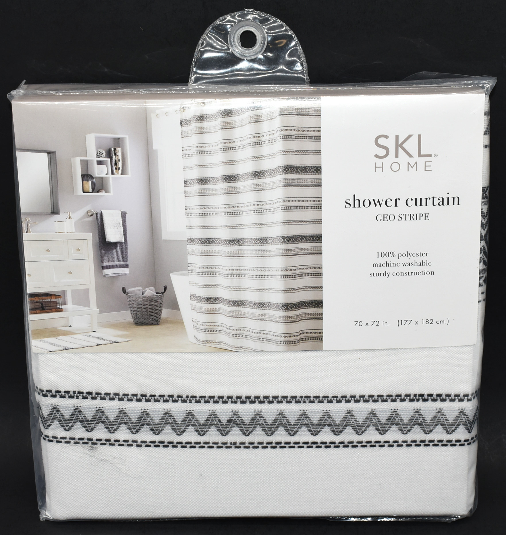 SHOWER CURTAIN,  FABRIC,  70X72 GEO STRIPE,  BLACK