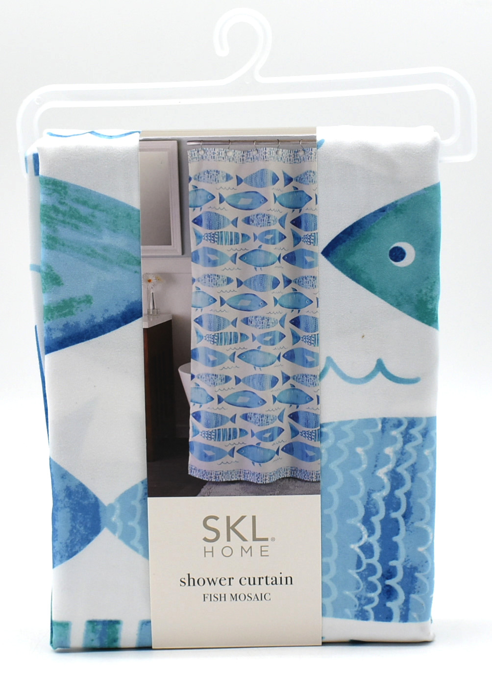 SHOWER CURTAIN,  FABRIC,  70X72 FISH,  MOSAIC,  BLUE