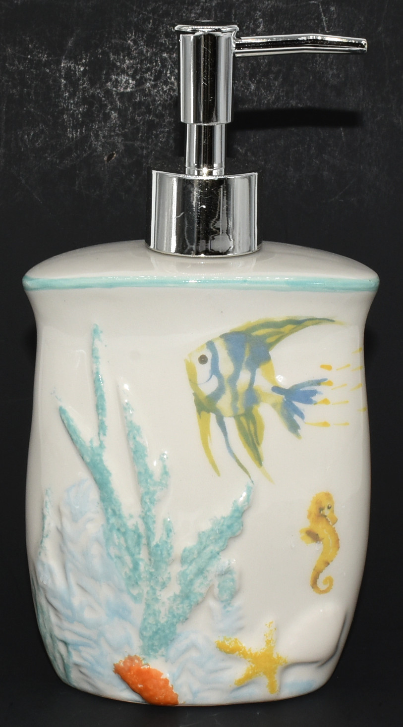 LOTION DISPENSER,  STONEWARE,  OCEAN WATERCOLOR