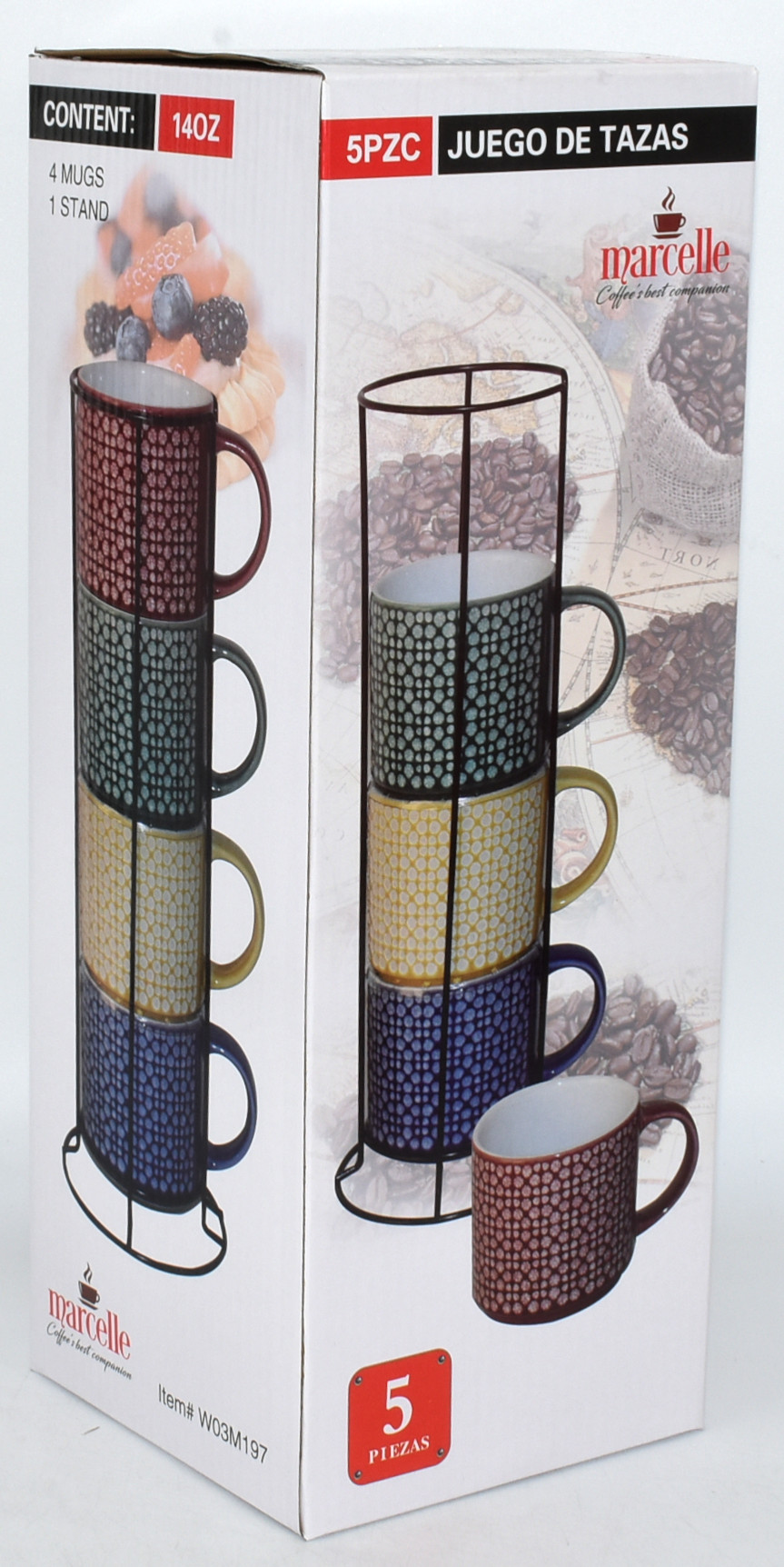 MUG SET,  5 PC SET,  STACKING,  4 MUGS,  1 STAND,  COLOR BOX