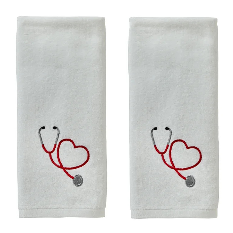 TOWELS,  HAND,  2 PK, EMBROIDERED WHITE,  STETHOSCOPE