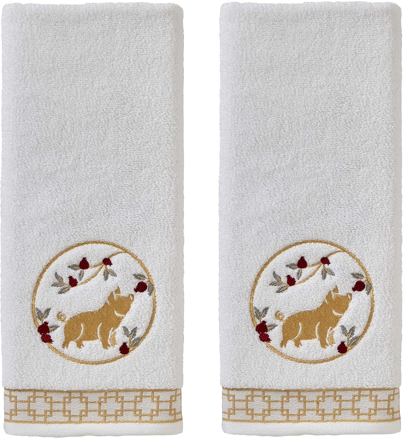 TOWELS,  HAND,  2 PK,  WHITE ZODIAC,  PIG