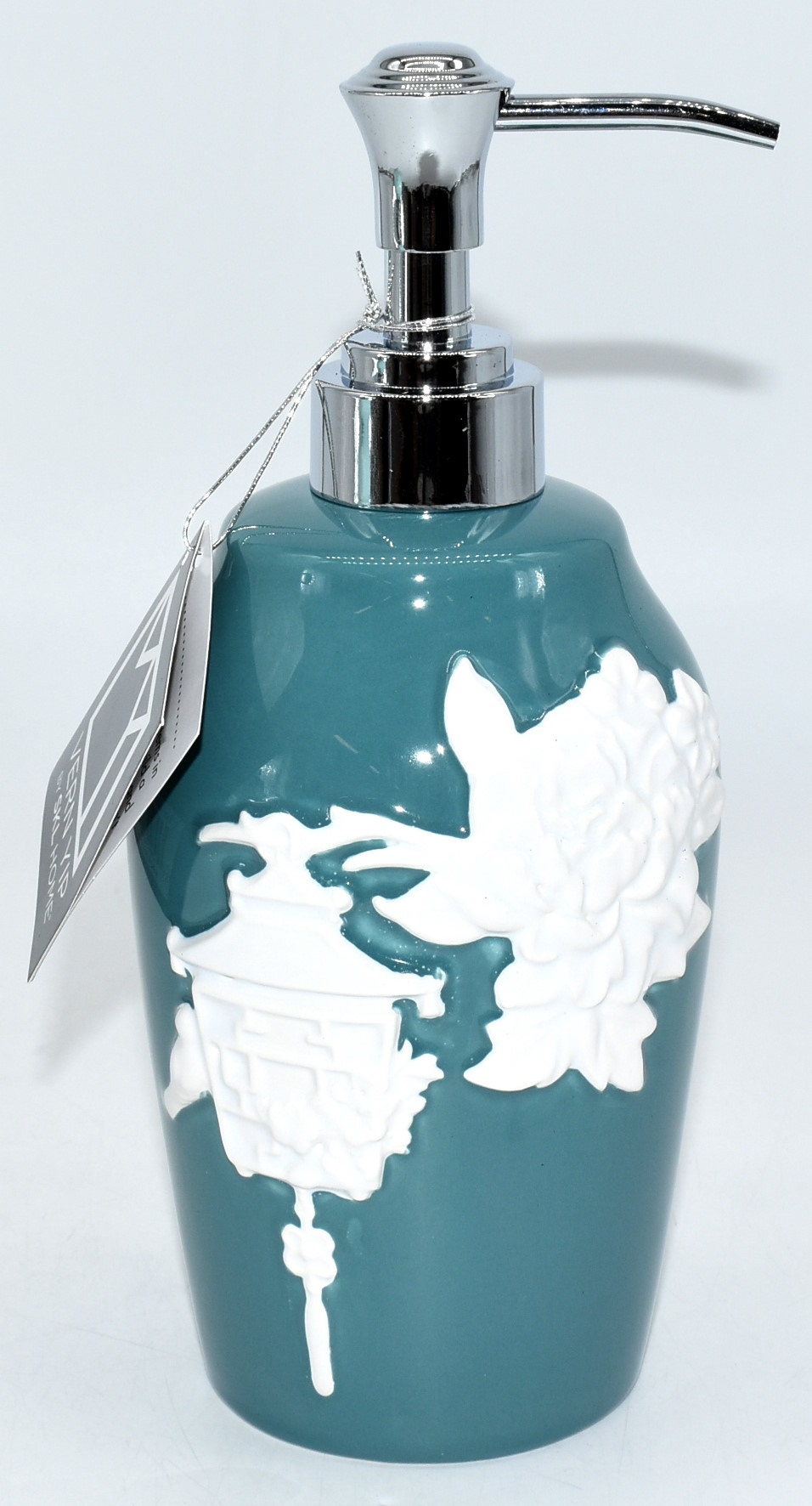LOTION PUMP,  STONEWARE,  TEAL,  FLORAL LANTERNS