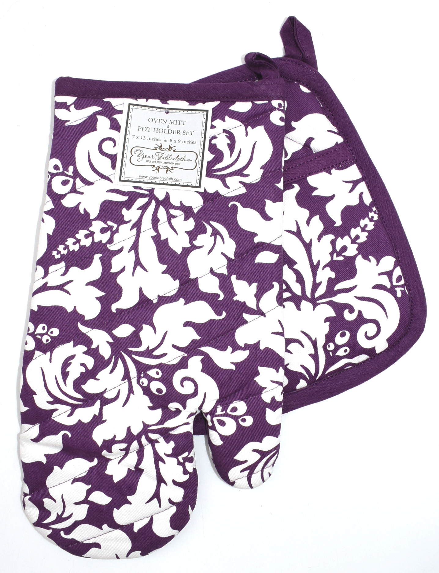 OVEN MITT AND POT HOLDER,  EGGPLANT DAMASK
