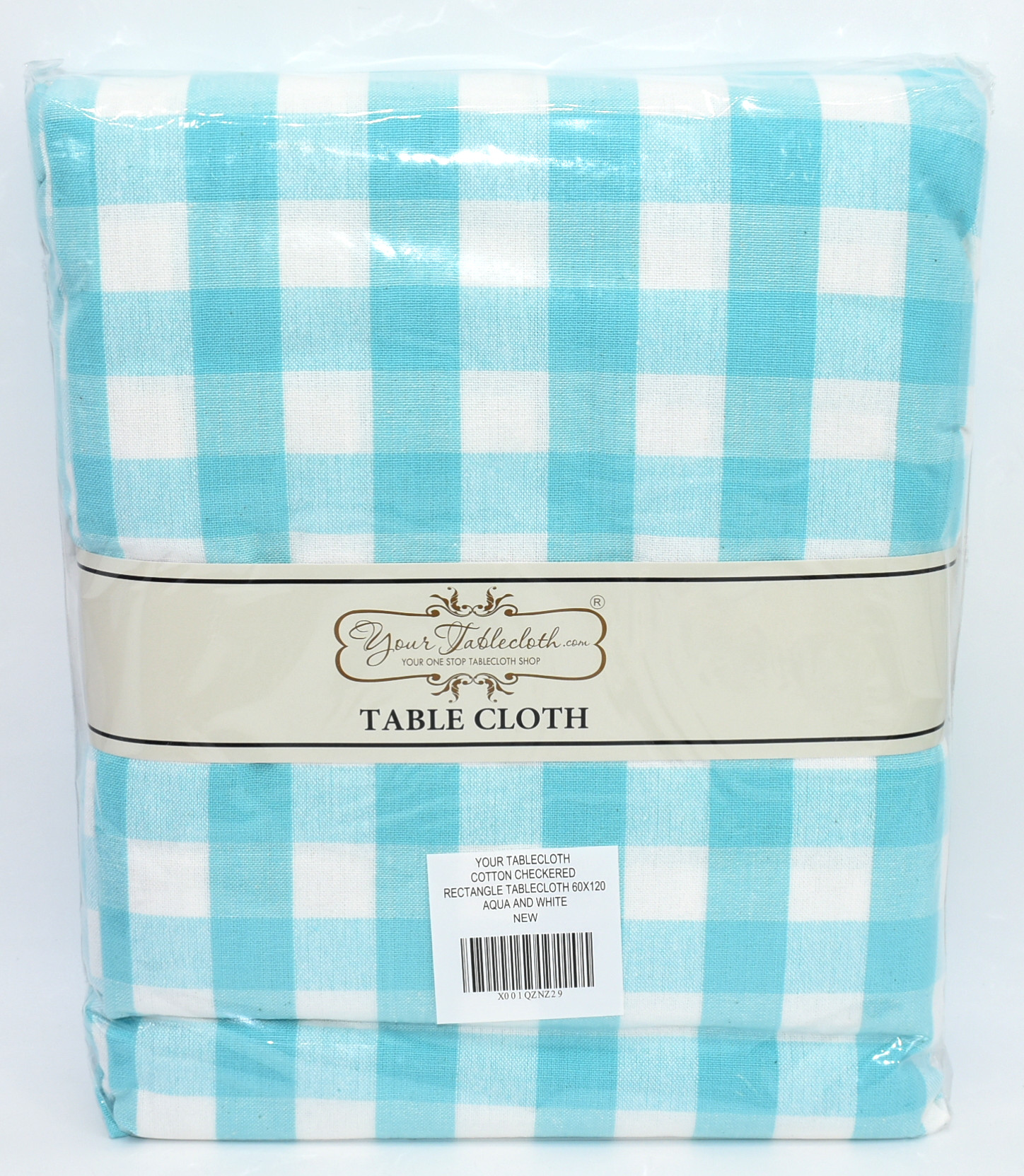 60 X 120 RECTANGLE TABLECLOTH AQUA AND WHITE CHECKERED