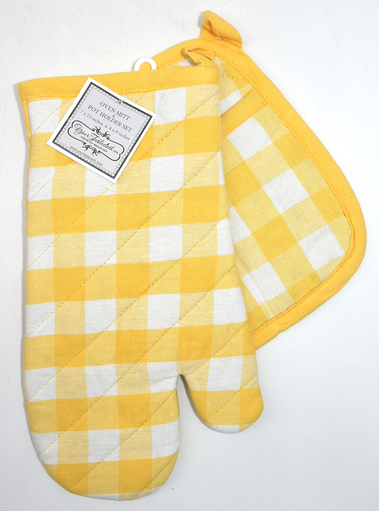 OVEN MITT AND POT HOLDER,  YELLOW AND WHITE CHECKERED